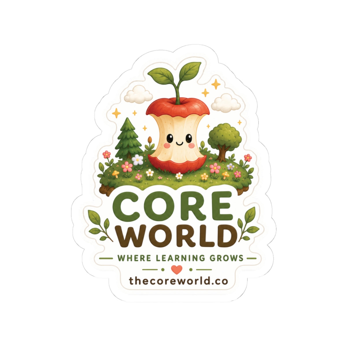 Core World Educational Sticker – Cute Apple Core Mascot “Where Learning Grows”